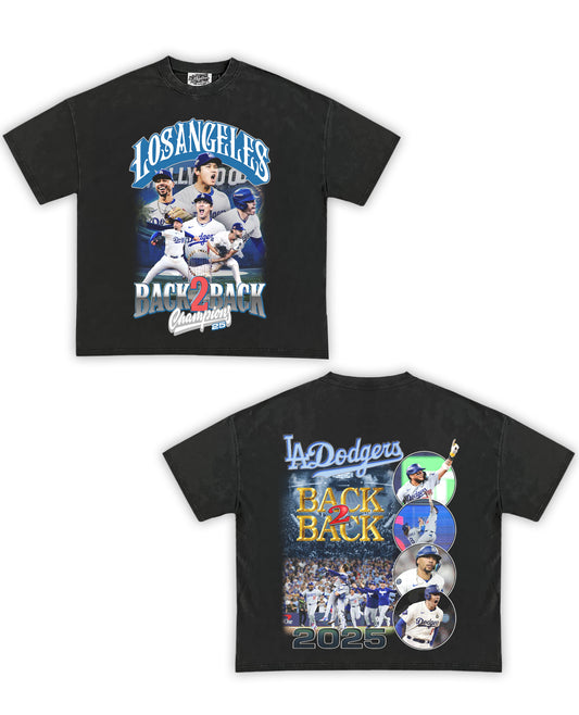 2025 WS Dodgers Back2Back Champions Tribute Vintage Shirt: Front/Back (Shadow)