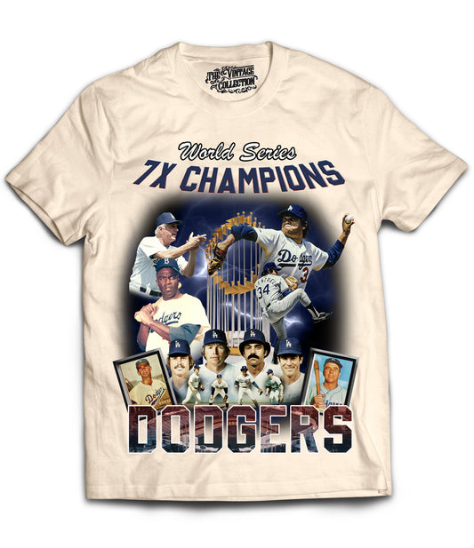 Dodgers 7X Champs Vintage Shirt: Front/Back (White)