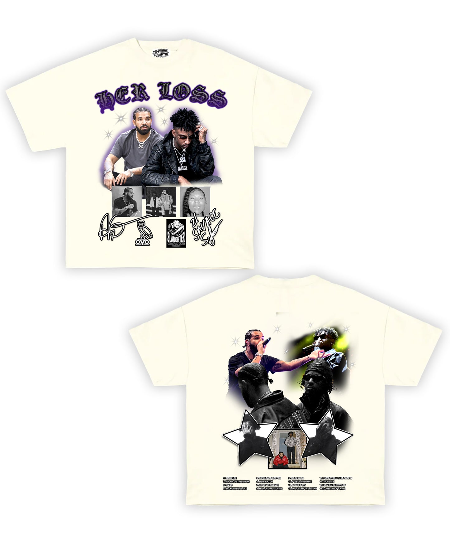 Drake/21 Savage "Her Loss" Tribute Vintage Shirt: Front/Back (Cream)