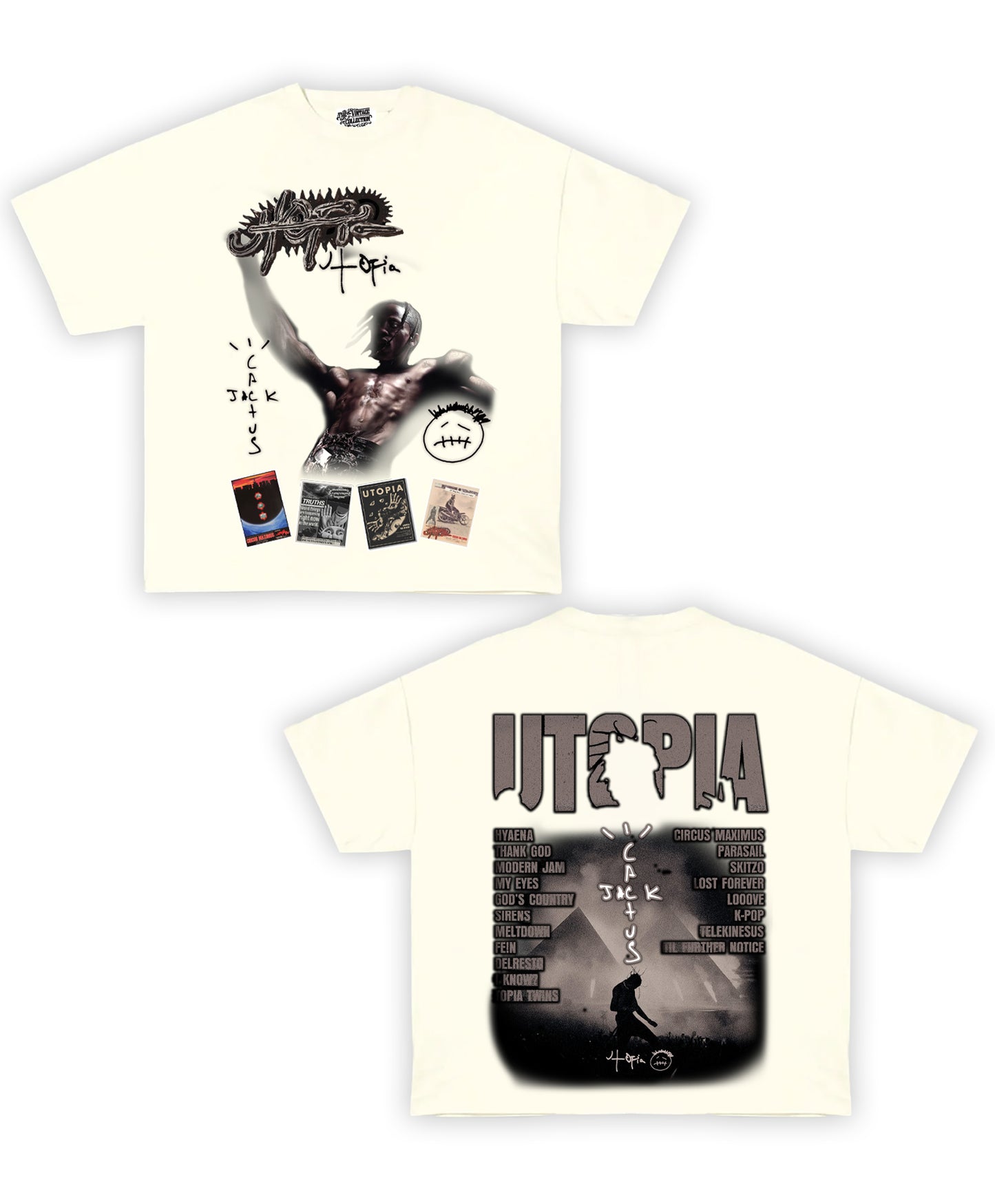 Travis Scott "UTOPIA" Tribute Vintage Shirt: Front/Back (White)
