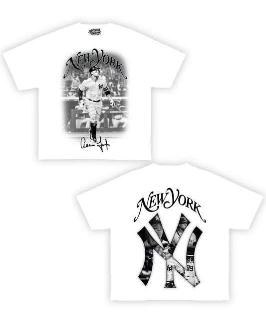 NY Aaron Judge Tribute Vintage Shirt: Front/Back (White)